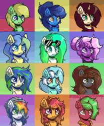 Size: 1000x1200 | Tagged: safe, artist:witchtaunter, derpibooru import, lyra heartstrings, oc, oc:amber steel, oc:gumdrop, oc:lemming, earth pony, pegasus, pony, unicorn, animated, beanie, blinking, chest fluff, commission, ear fluff, ear piercing, ear twitch, earring, ears, gradient background, hat, jewelry, piercing, sunglasses, ych animation, ych result