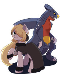 Size: 1131x1386 | Tagged: safe, artist:backgroundpony#f352, derpibooru import, earth pony, pony, clothes, crossover, cynthia, duo, eyes open, female, garchomp, long hair, mane, mare, one eye covered, pokémon, ponified, simple background, standing, transparent background