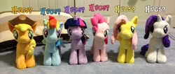 Size: 3264x1392 | Tagged: safe, derpibooru import, applejack, fluttershy, pinkie pie, rainbow dash, rarity, twilight sparkle, 4de, hug request, irl, mane six, photo, plushie