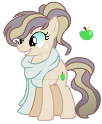 Size: 1280x1555 | Tagged: safe, artist:venomous-cookietwt, derpibooru import, oc, earth pony, pony, clothes, female, magical lesbian spawn, mare, offspring, parent:applejack, parent:rarity, parents:rarijack, scarf, simple background, solo, transparent background