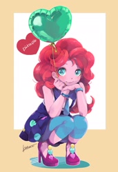 Size: 1401x2048 | Tagged: safe, artist:ku_rimo, derpibooru import, pinkie pie, equestria girls, friendship games, balloon, clothes, cute, diapinkes, dress, heart, heart balloon, high heels, looking at you, school spirit, shoes, solo, squatting