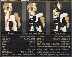 Size: 3672x2893 | Tagged: safe, artist:syntiset, oc, oc only, oc:ajka, unicorn, fallout equestria, armor, boots, braid, braided tail, chest fluff, clothes, ear fluff, ears, facial hair, fallout equestria: gardarike adventures, female, fluffy, fur, green eyes, helmet, hooves, horns, mare, pony oc, reference sheet, scar, smiling, smirk, snowpony (species), solo, standing, taiga pony, tattoo, text, unicorn oc, yakutian horse