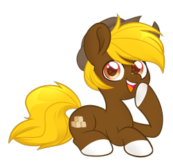 Size: 2123x1989 | Tagged: safe, artist:ninnydraws, oc, oc only, oc:acres, earth pony, pony, blonde, blonde mane, blonde tail, brown coat, coat markings, cowboy hat, earth pony oc, hoof on head, looking at you, male, open mouth, prone, raised hoof, raised leg, simple background, smiling, solo, stallion, transparent background