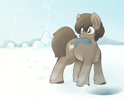 Size: 2379x1914 | Tagged: safe, artist:czu, oc, oc only, oc:wayfinder, fish, pony, /mlp/, 4chan, chest fluff, ear fluff, ears, fishing, fluffy, ice, ice fishing, ice hole, igloo, male, mouth hold, ponies eating fish, ponies eating meat, snowpony (species), solo, stallion, taiga pony, unshorn fetlocks, wet, yakutian horse