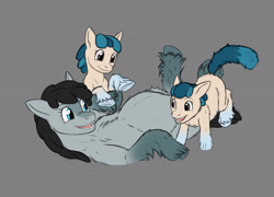 Size: 1676x1207 | Tagged: safe, artist:a0iisa, artist:anonymous, oc, oc only, pony, /mlp/, blaze (coat marking), chest fluff, coat markings, eye contact, female, filly, fluffy, gray background, identical twins, looking at each other, lying down, mare, mother and child, mother and daughter, on back, open mouth, open smile, parent and child, pregnant, siblings, simple background, sisters, smiling, snowpony (species), socks (coat marking), taiga pony, trio, twin sisters, twins, underhoof, unshorn fetlocks, wip, yakutian horse