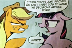 Size: 1080x721 | Tagged: safe, artist:andypriceart, derpibooru import, idw, applejack, twilight sparkle, unicorn twilight, earth pony, pony, unicorn, the return of queen chrysalis, spoiler:comic, spoiler:comic02, applejack is not amused, comic, official, screenshots, text box, unamused