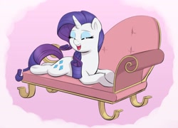 Size: 3212x2316 | Tagged: safe, artist:heretichesh, derpibooru import, rarity, pony, unicorn, crossed hooves, cute, eyes closed, fainting couch, female, high res, lying down, mare, open mouth, open smile, prone, raribetes, smiling, solo, sploot, underhoof