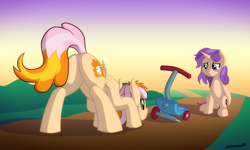 Size: 2000x1200 | Tagged: safe, artist:sa1ntmax, derpibooru import, oc, oc only, oc:learning curve, oc:sweet scooter, pegasus, pony, unicorn, broken, butt, commissioner:bigonionbean, crying, curious, duo, duo female, female, flank, fusion, fusion:learning curve, fusion:sweet scooter, horn, mare, plot, scooter, teary eyes, wings, writer:bigonionbean