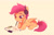 Size: 1943x1242 | Tagged: safe, artist:imalou, derpibooru import, scootaloo, pegasus, pony, drawing, female, filly, headphones, mouth hold, pencil, prone, simple background, solo