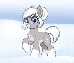 Size: 2540x2160 | Tagged: safe, artist:confetticakez, oc, oc only, oc:snow shoes, pony, /mlp/, chest fluff, coat markings, cute, female, fluffy, hoof fluff, leg fluff, looking at you, mare, pale belly, raised hoof, raised leg, smiling, snow, snowpony (species), socks (coat marking), solo, taiga pony, yakutian horse