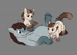 Size: 1676x1207 | Tagged: safe, alternate version, artist:a0iisa, oc, oc only, pony, /mlp/, blaze (coat marking), chest fluff, coat markings, eye contact, female, filly, fluffy, gray background, identical twins, looking at each other, lying down, mare, mother and child, mother and daughter, on back, open mouth, open smile, parent and child, pregnant, siblings, simple background, sisters, smiling, snowpony (species), socks (coat marking), taiga pony, trio, twin sisters, twins, underhoof, unshorn fetlocks, wip, yakutian horse