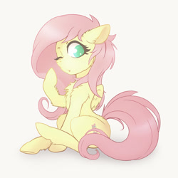 Size: 1024x1024 | Tagged: safe, artist:zetamad, derpibooru import, fluttershy, pegasus, pony, cute, daaaaaaaaaaaw, looking at you, looking back, one eye closed, shyabetes, simple background, sitting, solo