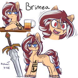 Size: 3000x3000 | Tagged: safe, artist:rivibaes, derpibooru import, oc, oc:brimea, earth pony, pony, alcohol, beer, blue eyes, braided ponytail, braided tail, fangs, female, red eyes take warning, scar, solo, sword, tattoo, unshorn fetlocks, weapon