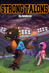 Size: 1280x1920 | Tagged: safe, artist:littletigressda, derpibooru import, oc, earth pony, griffon, pony, ball, fanfic, fanfic art, fanfic cover, football, football field, football helmet, football jersey, football stadium, griffon oc, helmet, sports, sunset