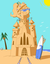 Size: 1024x1326 | Tagged: safe, artist:sergeant16bit, derpibooru import, sandbank, sandbar, arm behind head, beach, beach ball, bottle, crown, elemental, grin, jewelry, potion, regalia, rule 63, sand pony, sandcastle, seashell, smiling, sunglasses, surfboard, transformation, transgender transformation, water