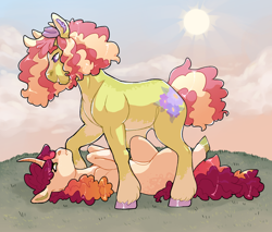 Size: 2700x2300 | Tagged: safe, artist:elf-hollow, derpibooru import, oc, oc only, oc:lady alicemoc:echo flower, earth pony, pony, unicorn, female, magical lesbian spawn, mare, offspring, parent:applejack, parent:fluttershy, parent:rarity, parent:tree hugger, parents:flutterhugger, parents:rarijack