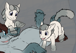 Size: 968x680 | Tagged: safe, artist:a0iisa, oc, oc only, pony, /mlp/, chest fluff, coat markings, cropped, eye contact, female, filly, fluffy, gray background, identical twins, looking at each other, lying down, mare, mother and child, mother and daughter, on back, open mouth, open smile, parent and child, pregnant, siblings, simple background, sisters, smiling, snowpony (species), socks (coat marking), taiga pony, trio, twin sisters, twins, underhoof, unshorn fetlocks, wip, yakutian horse