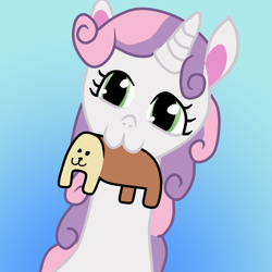 Size: 3000x3000 | Tagged: safe, artist:sweetai belle, derpibooru import, sweetie belle, oc, oc:breadboi, mouth hold, sweetie giraffe