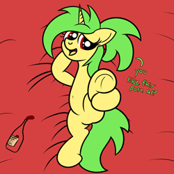 Size: 2000x2000 | Tagged: safe, artist:dafiltafish, derpibooru import, oc, oc only, oc:piña, pony, unicorn, alcohol, bed, belly button, bottle, dialogue, featureless crotch, female, horn, looking at you, lying down, mare, on bed, on side, open mouth, red eyes, solo, talking to viewer, underhoof, unicorn oc, wine