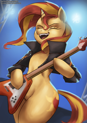 Size: 1754x2480 | Tagged: safe, artist:nire, derpibooru import, idw, sunset shimmer, pony, unicorn, spoiler:comic, spoiler:comic79, bipedal, clothes, concert, cutie mark, electric guitar, eyes closed, female, guitar, heavy metal, jacket, leather jacket, mare, musical instrument, open mouth, open smile, playing guitar, rock (music), smiling, stage, sunset shredder