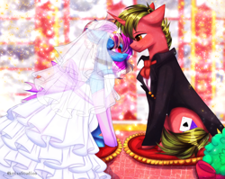 Size: 4000x3179 | Tagged: safe, artist:krissstudios, derpibooru import, oc, oc only, pony, clothes, dress, female, male, mare, stallion, suit, wedding dress