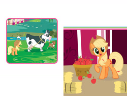 Size: 1600x1200 | Tagged: safe, derpibooru import, applejack, winona, cow, g4, apple, applejack's hat, book, clothes, cowboy hat, female, food, hat, hay, mare, official, rope, sweet apple acres, welcome to ponyville (book)