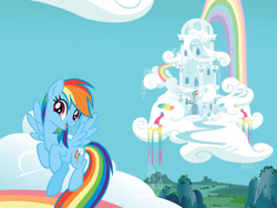 Size: 1600x1200 | Tagged: safe, derpibooru import, rainbow dash, pegasus, pony, g4, book, cloud, female, mare, official, rainbow, rainbow dash's house, rainbow waterfall, welcome to ponyville (book)