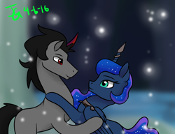 Size: 1300x1000 | Tagged: safe, artist:joan-grace, derpibooru import, king sombra, princess luna, alicorn, firefly (insect), insect, pony, unicorn, collar, ethereal mane, female, horn, hug, lumbra, magic suppression, male, mare, shipping, signature, slave, smiling, stallion, starry mane, story included, straight, wings