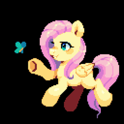 Size: 640x640 | Tagged: safe, artist:hikkage, derpibooru import, fluttershy, butterfly, pegasus, pony, black background, cute, daaaaaaaaaaaw, pixel art, shyabetes, simple background, smiling, solo, underhoof