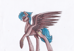 Size: 1297x886 | Tagged: safe, artist:penrosa, derpibooru import, oc, oc only, pegasus, pony, eyes closed, pegasus oc, raised hoof, raised leg, simple background, solo, traditional art, white background, wings