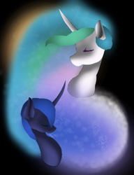 Size: 360x468 | Tagged: safe, artist:aonairfaol, derpibooru import, princess celestia, princess luna, alicorn, pony, black background, bust, duo, ethereal mane, eyes closed, horn, simple background