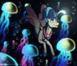 Size: 1304x1112 | Tagged: safe, artist:inuhoshi-to-darkpen, derpibooru import, princess skystar, jellyfish, seapony (g4), my little pony: the movie, bioluminescent, black background, blue eyes, blue mane, bubble, dorsal fin, female, fin wings, fins, fish tail, flower, flower in hair, flowing tail, freckles, glow, jewelry, monochrome, necklace, ocean, open mouth, pearl necklace, seashell necklace, simple background, smiling, swimming, tail, underwater, water, wings
