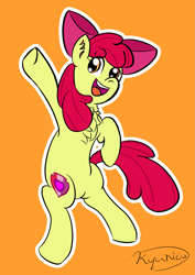 Size: 1415x2000 | Tagged: safe, artist:kyanicu, derpibooru import, apple bloom, earth pony, pony, bipedal, chest fluff, ear fluff, ears, female, filly, open mouth, open smile, smiling, solo, waving