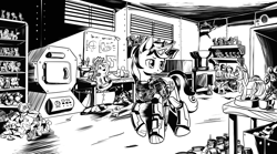 Size: 4256x2364 | Tagged: safe, artist:lexx2dot0, derpibooru import, snips, oc, oc:blackjack, pony, unicorn, fallout equestria, fallout equestria: project horizons, black and white, clothes, fanfic art, grayscale, horn, monochrome, pipbuck, small horn