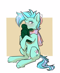 Size: 2500x3000 | Tagged: safe, artist:rover, artist:rrrover, derpibooru import, oc, pony, turtle, unicorn, abstract background, blushing, clothes, cozy, cute, hat, hug, plushie, scarf, solo