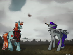 Size: 4000x3000 | Tagged: safe, artist:rover, artist:rrrover, derpibooru import, bat pony, earth pony, pegasus, pony, cloud, cloudy, field, fully shaded, gun, mountain, weapon