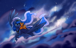 Size: 2000x1250 | Tagged: safe, artist:cosmalumi, derpibooru import, princess luna, oc, oc:fireheart, alicorn, hybrid, pegabat, cloud, foal, night, night sky, sky