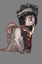 Size: 960x1440 | Tagged: safe, artist:rirurirue, derpibooru import, oc, oc only, oc:boreal blanket, pony, braid, braided tail, clothes, gray background, hat, jacket, simple background, snowpony (species), solo, taiga pony, ushanka, yakutian horse