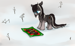 Size: 946x585 | Tagged: safe, artist:anonymous, oc, oc only, oc:pine ponder, pony, /mlp/, blanket, chest fluff, cute, ear fluff, ears, female, lidded eyes, looking at something, mare, pinecone, plant, rug, shrub, snow, snowpony (species), solo, taiga pony, unshorn fetlocks, yakutian horse