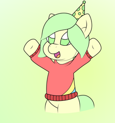 Size: 2550x2717 | Tagged: safe, artist:sparkfler85, derpibooru exclusive, derpibooru import, oc, oc only, oc:yellow mash, earth pony, pony, bipedal, clothes, hat, male, open mouth, party hat, raised hooves, simple background, solo, sweater