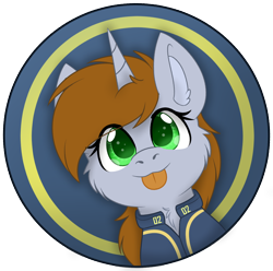 Size: 1210x1200 | Tagged: safe, artist:rokosmith26, derpibooru import, oc, oc only, oc:littlepip, pony, unicorn, fallout equestria, :p, bust, cheek fluff, clothes, cute, ear fluff, ears, eye clipping through hair, female, horn, mare, neck fluff, simple background, solo, tongue, tongue out, unicorn oc, ych example, your character here