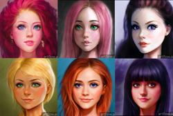 Size: 945x635 | Tagged: safe, derpibooru import, applejack, fluttershy, pinkie pie, rainbow dash, rarity, twilight sparkle, human, artflow, artflow.ai, artificial intelligence, female, humanized, mane six, realistic