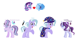 Size: 1529x774 | Tagged: safe, artist:1313jaysong1313, derpibooru import, starlight glimmer, trixie, oc, oc:allister, oc:lavender glimmer, oc:moonbright crescent, base used, female, lesbian, magical lesbian spawn, offspring, parent:starlight glimmer, parent:trixie, parents:startrix, shipping, simple background, startrix, white background