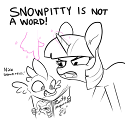 Size: 2250x2250 | Tagged: safe, artist:tjpones, derpibooru import, rarity, spike, twilight sparkle, unicorn twilight, dragon, pony, unicorn, black and white, dialogue, female, grayscale, hand, high res, magazine, magic, magic hands, male, mare, monochrome, neo noir, partial color, simple background, snowpity, white background