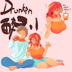 Size: 3000x3000 | Tagged: safe, artist:sozglitch, derpibooru import, sunset shimmer, oc, oc:generic messy hair anime anon, human, alcohol, big breasts, blushing, breasts, clothes, drink, drinking, drunk, female, huge breasts, humanized, japanese, male, pink background, shorts, simple background, sunset jiggler