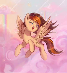Size: 1000x1100 | Tagged: safe, artist:finlywhisk, derpibooru import, oc, oc only, oc:aerion featherquill, pegasus, pony, cloud, commission, eyes closed, female, flying, happy, mare, rainbow, scenery, solo, wings, ych result