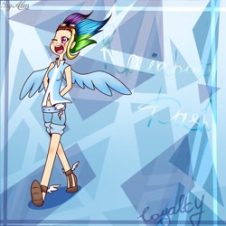 Size: 1024x1024 | Tagged: safe, artist:gnidagovnida, derpibooru import, rainbow dash, human, abstract background, arm behind back, clothes, female, goggles, humanized, one eye closed, open mouth, open smile, smiling, solo, volumetric mouth, winged humanization, winged shoes, wings