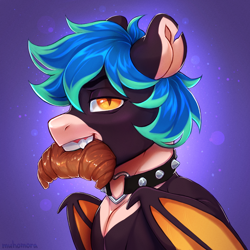 Size: 1796x1796 | Tagged: safe, artist:muhomora, derpibooru import, oc, oc:fran, bat pony, pony, bread, croissant, food, gift art