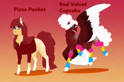 Size: 3000x2000 | Tagged: safe, artist:inisealga, derpibooru import, oc, oc only, oc:pizza pockets, oc:red velvet cupcake, earth pony, pegasus, clothes, earth pony oc, female, females only, flannel, mare, offspring, parent:cheese sandwich, parent:pinkie pie, parents:cheesepie, pegasus oc, simple background, socks