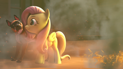 Size: 1920x1080 | Tagged: safe, artist:bronydj, derpibooru import, fluttershy, dog, pegasus, pony, fire, sand, smoke